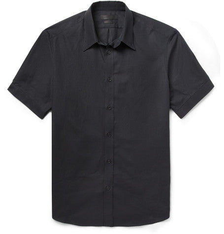 black slim fit short sleeved cotton shirt