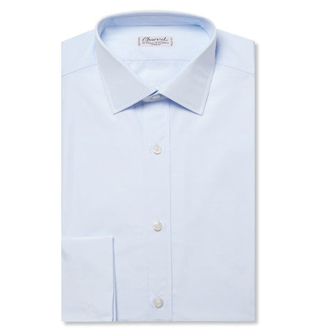 blue slim fit double cuff cotton poplin shirt