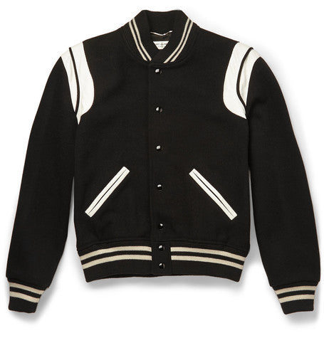 leather trimmed wool blend varsity jacket