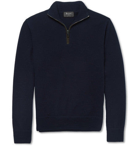 suede trimmed cashmere half zip sweater
