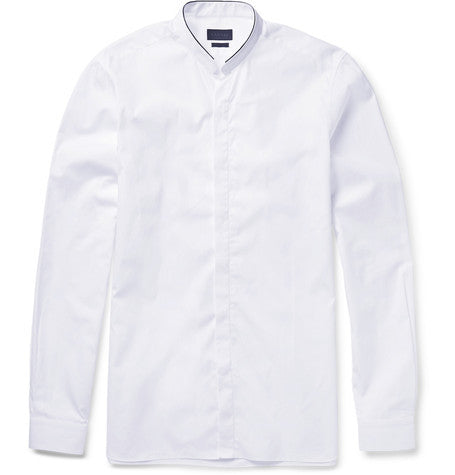 slim fit band collar cotton poplin shirt