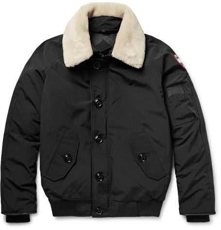 foxe shearling and leather trimmed shell down bomber jacket