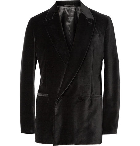 black unstructured double breasted velvet blazer