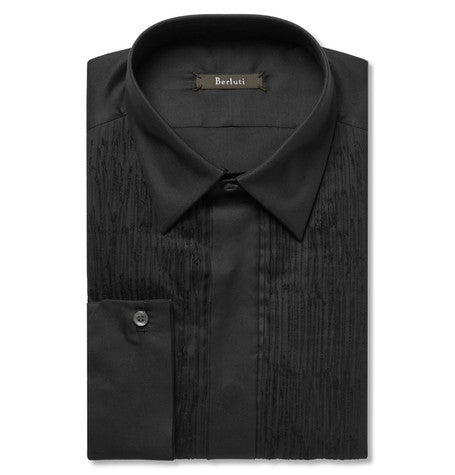 black slim fit pleated cotton and silk blend tuxedo shirt