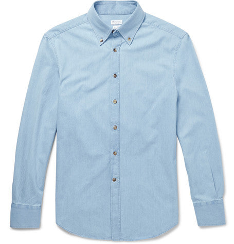 slim fit button down collar denim shirt