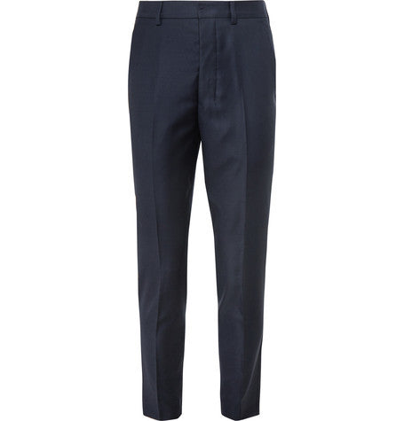 navy tapered wool trousers