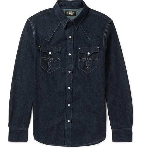 slim fit rinsed denim western shirt