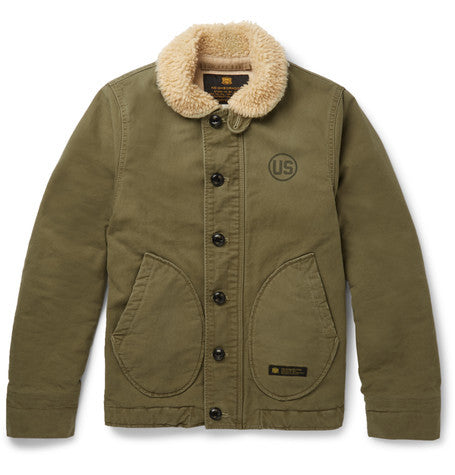 slim fit faux shearling trimmed woven cotton deckhand jacket