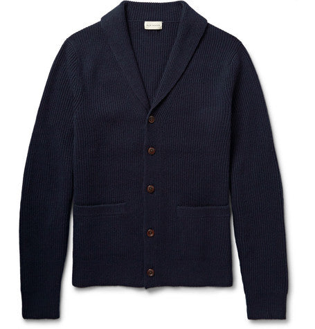 shawl collar elbow patch merino wool cardigan