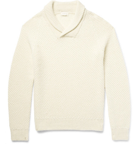 shawl collar tuck stitched alpaca sweater