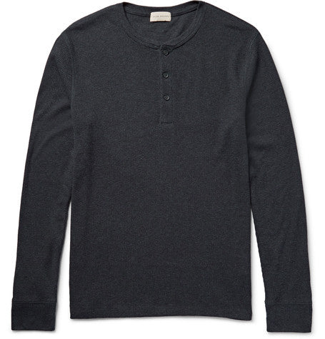 waffle knit cotton blend henley t shirt