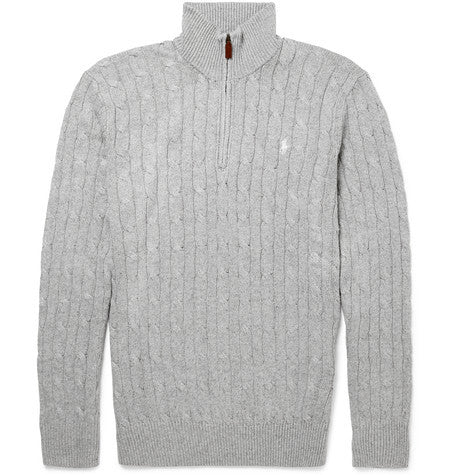 cable knit silk half zip sweater