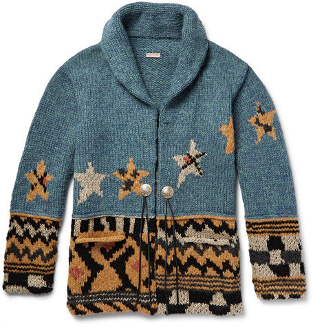 shawl collar intarsia wool blend cardigan