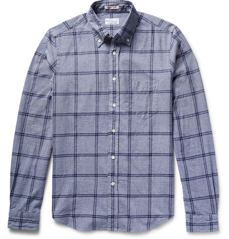 slim fit windowpane checked melange cotton shirt