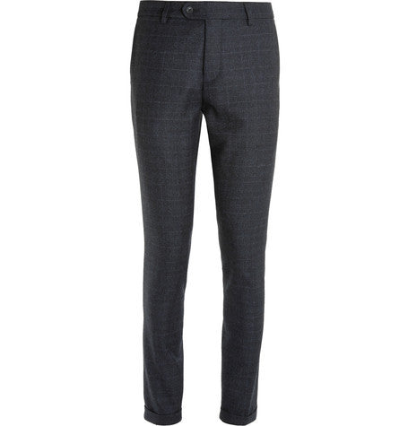 navy soho slim fit checked wool suit trousers