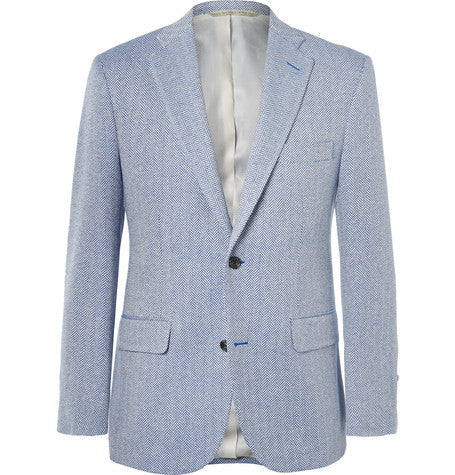 blue slim fit herringbone silk and cotton blend blazer