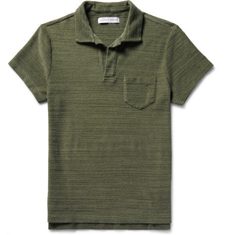 slim fit open collar melange cotton terry polo shirt