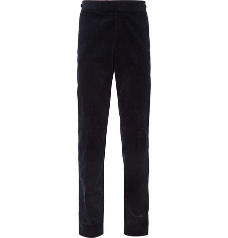 navy slim fit cotton corduroy trousers