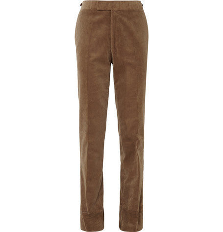 tan slim fit cotton corduroy trousers