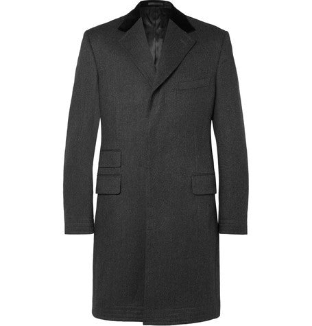 covert velvet trimmed brushed wool coat
