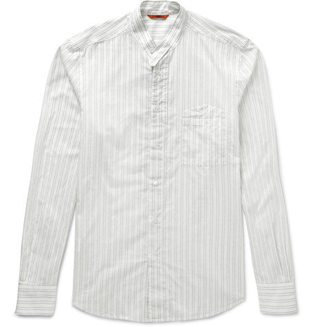 striped grandad collar cotton henley shirt