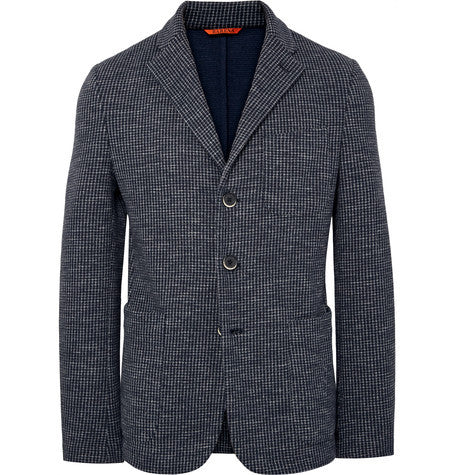 navy slim fit unstructured checked cotton blend blazer