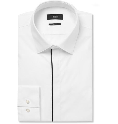 white slim fit satin piped cotton tuxedo shirt