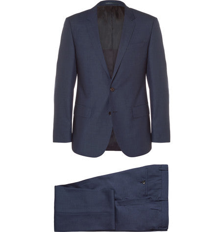 navy slim fit wool and silk blend three piece suit