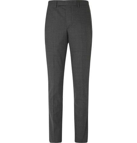 grey slim fit wool flannel travel suit trousers