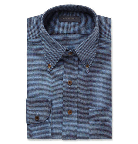 blue slim fit houndstooth brushed cotton shirt