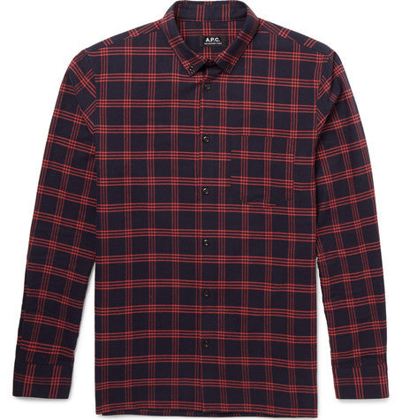 slim fit button down collar checked cotton twill shirt