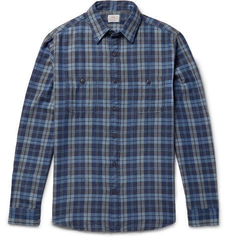 indigo dyed checked cotton flannel shirt