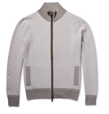 nubuck trimmed cashmere zip up cardigan