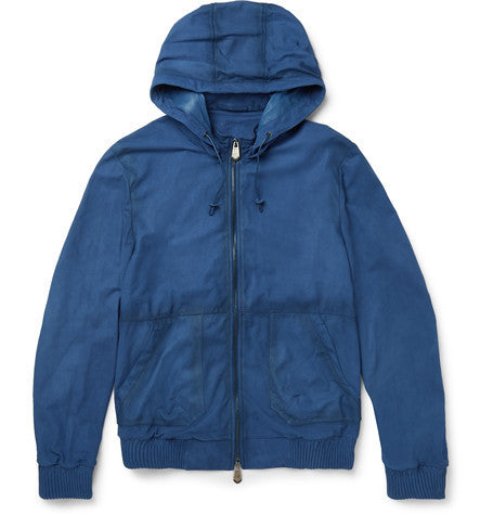 leather hooded bomber jacket