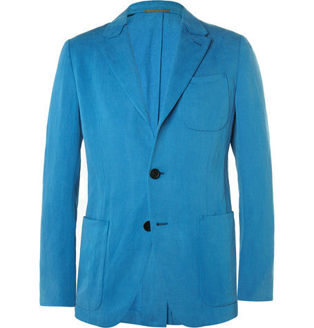 blue slim fit silk and linen blend blazer