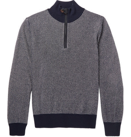 slim fit leather trimmed cashmere half zip sweater