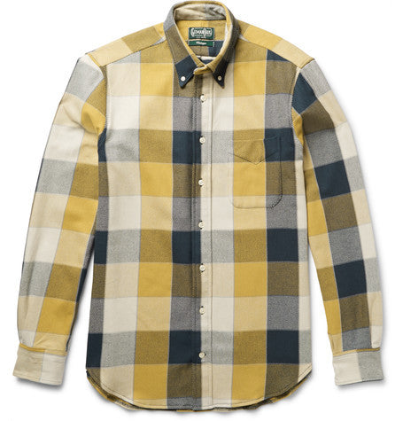 button down collar checked double faced cotton flannel shirt