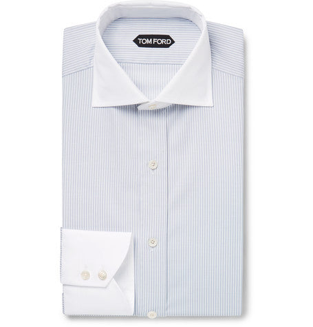 blue slim fit contrast collar striped cotton shirt