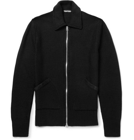 slim fit suede trimmed merino wool cardigan