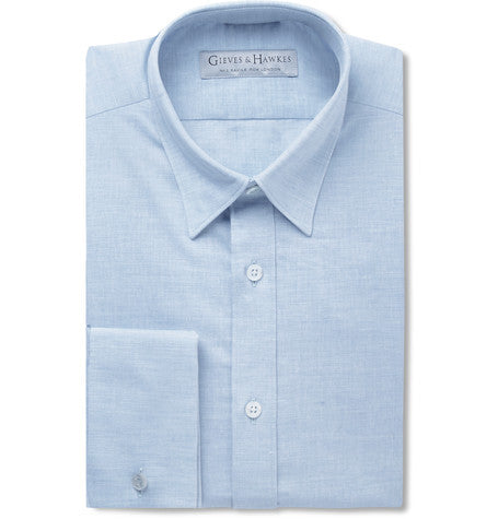 blue slim fit double cuff linen and cotton blend shirt