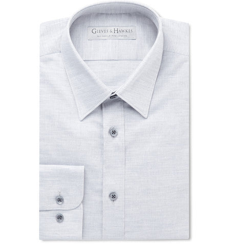 grey slim fit linen and cotton blend shirt