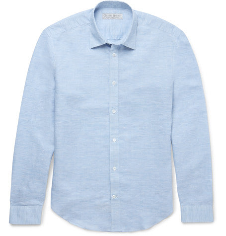 blue cutaway collar checked linen blend shirt