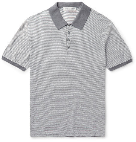 slim fit striped linen and cotton blend polo shirt