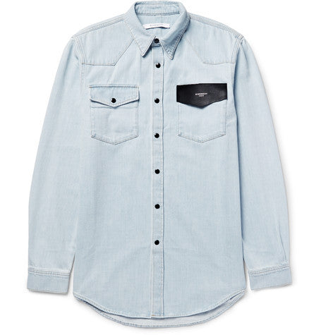 cuban fit leather trimmed denim shirt