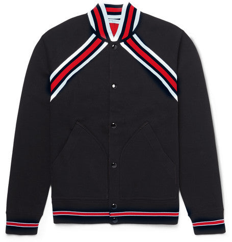 slim fit stripe trimmed cotton jersey varsity jacket