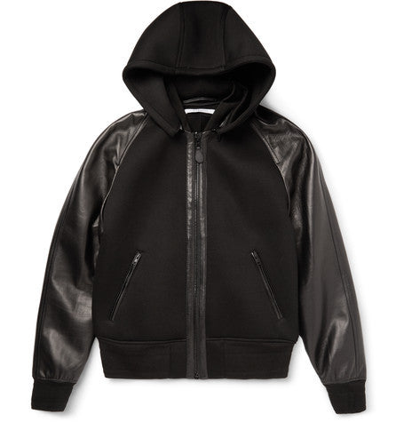 slim fit leather and neoprene hooded jacket