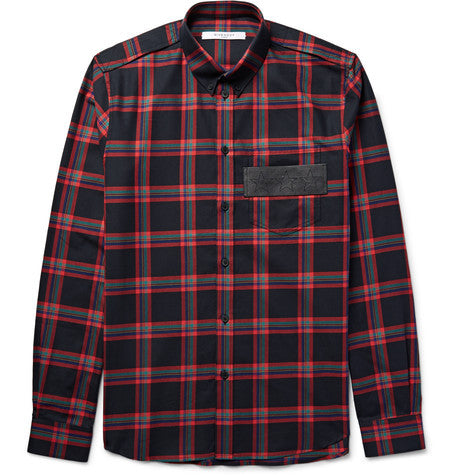 slim fit leather trimmed checked cotton twill shirt