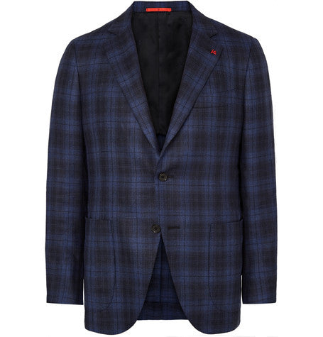 blue slim fit checked silk  linen and wool blend blazer