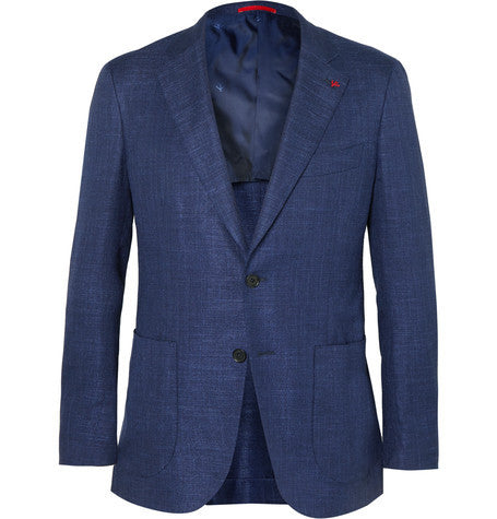 blue slim fit stretch wool  silk and linen blend blazer