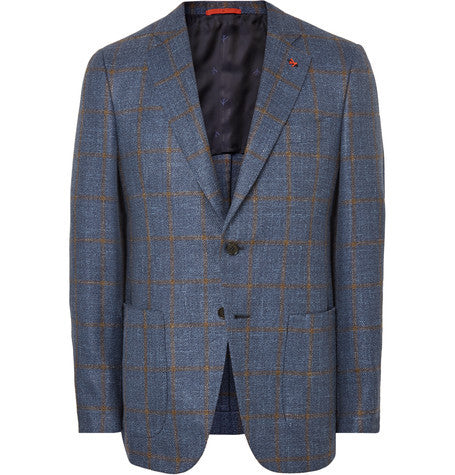 blue gregory slim fit checked wool  silk and linen blend blazer